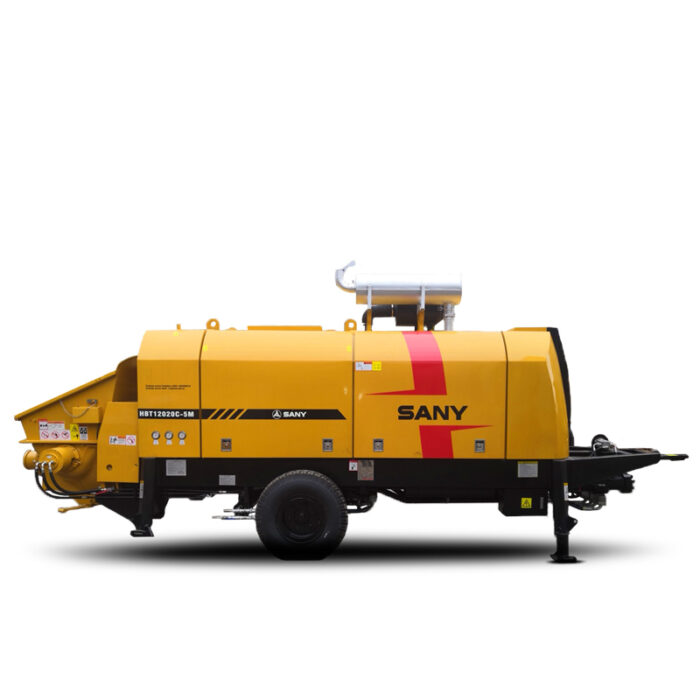 HBT12020C-5M 120M3/H DIESEL ENGINE TRAILER PUMP  Theo.delivery pressure : 11/21Mpa  Theo.concrete output : 120/75m3/h Engine rated power : 297KW/1900rpm